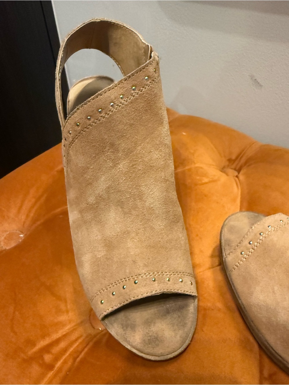 Lucky Brand Tan Suede Open-Back Peep Toe Wedge Bootie with Studs
